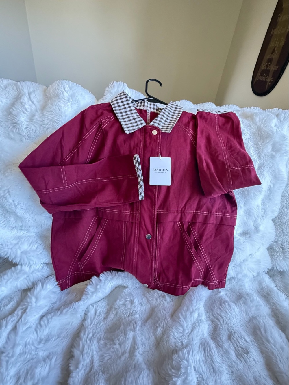 NWT Cropped Barn Jacket With Gingham Plaid Trim. Burgundy/Maroon. Size Small - Picture 2 of 12